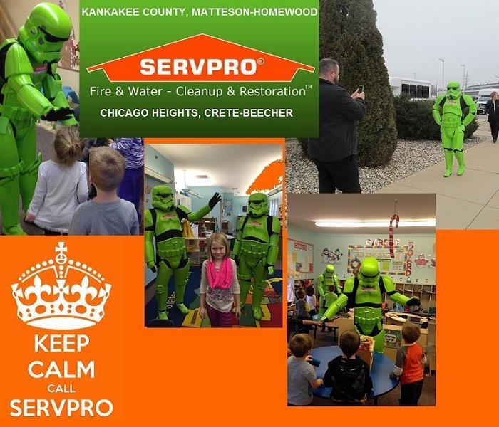 collage of 5 photos of SERVPRO employees dressed up as green storm troopers