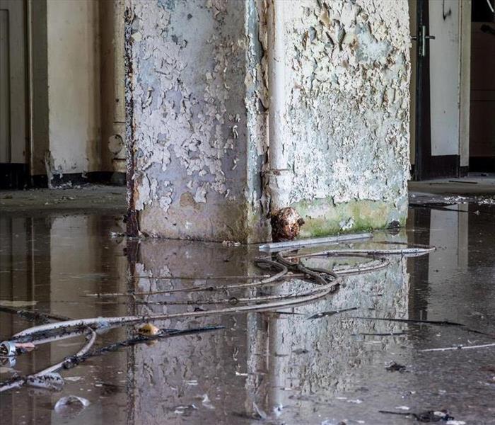 concrete floor and miller with water and debris covering the floor
